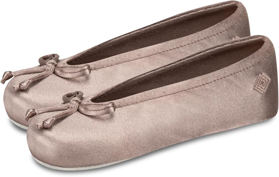 Isotoner Women's Satin Ballerina Slippers with Classic Ribbon Bow and Suede Sole