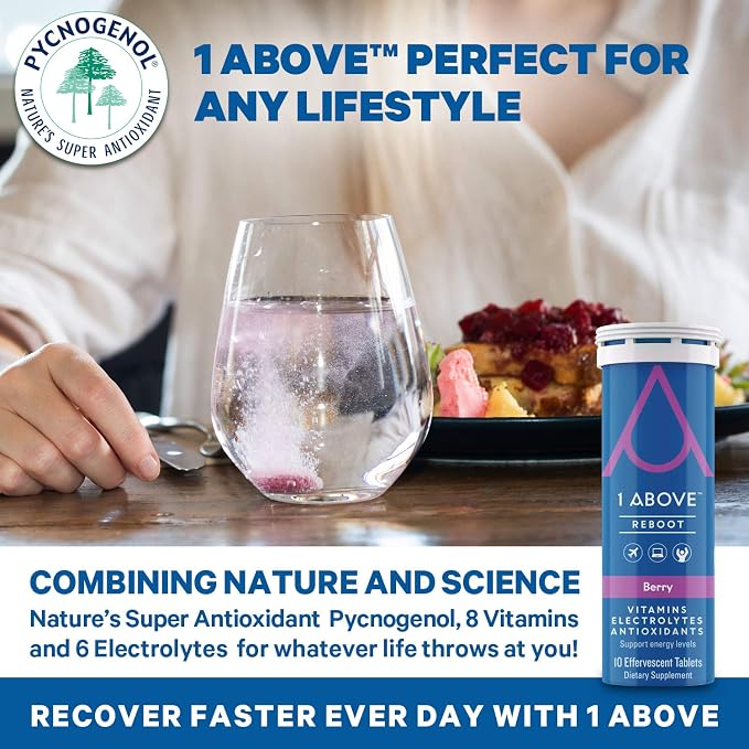 1ABOVE Jet Lag Relief Tablets - Citrus-Flavored Effervescent Multivitamin with Pycnogenol Travel Supplement for Hydration, Energy, Immune Support and Faster Recovery - Flight Essential, 20 Tablets
