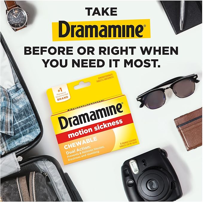 Dramamine Motion Sickness, Chewables for Nausea Relief During Travel, Orange Flavor, 8 Count
