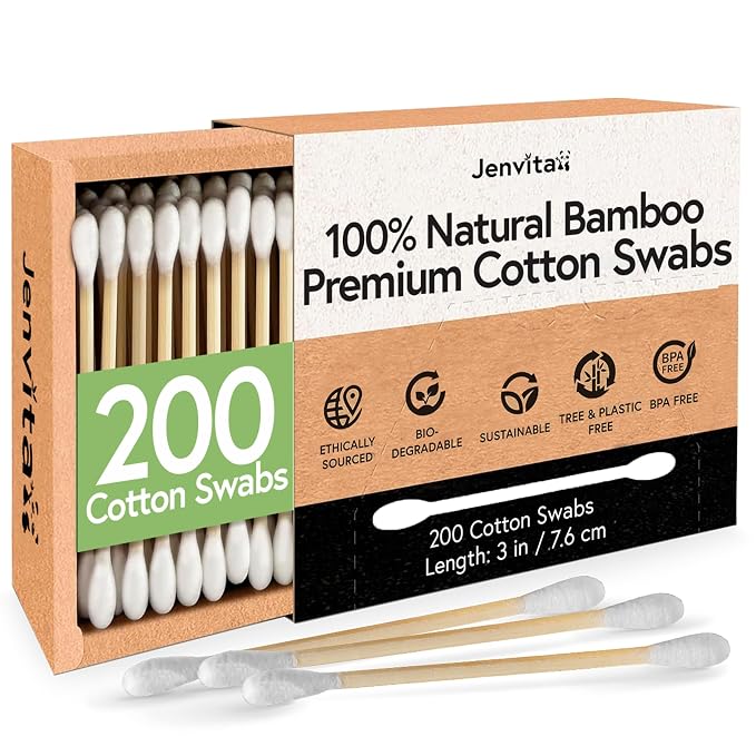 100% Bamboo Cotton Ear Swabs (200-Pack) | Double Tipped Ear Cotton Buds for Beauty & Personal Care | FSC Certified & Hypoallergenic | Suitable for All Ages & Pets | Biodegradable & Disposable