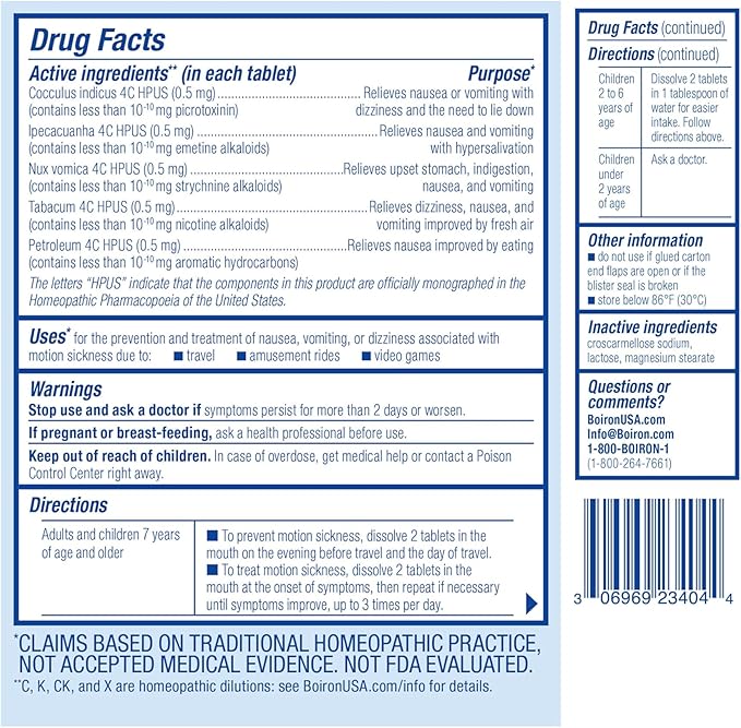 Boiron MotionCalm Relief for Nausea, Vomiting, or Dizziness associated with Motion Sickness Due to Travel, Amusement Rides, and Video Games or VR - Non-Drowsy - 60 Count
