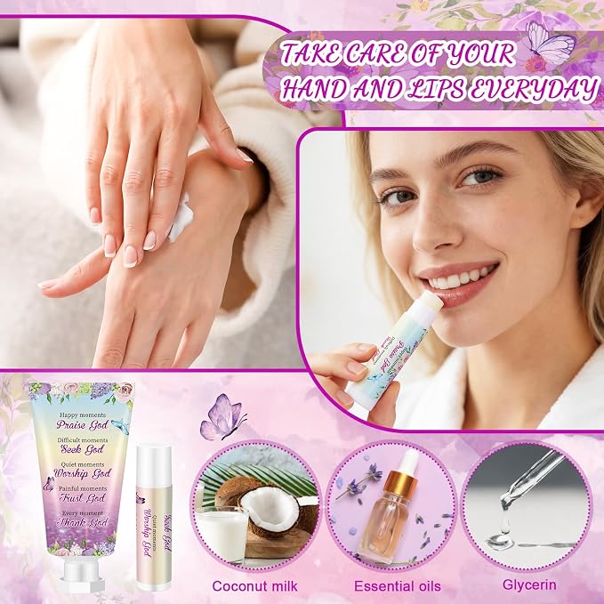 24 Sets Christian Graduation Gifts Hand Cream and Lip Balm Bulk Teacher Appreciation Gifts Bible Verse Thank You Cards with Organza Bag for Graduation Supplies(Flower)