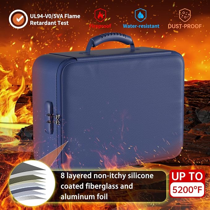 DocSafe 5200°F Fireproof Document Organizer Box with Lock, Blue (Soft) | Heat Insulated 8 Layers File Protection Bag,Water-Resistant Zipper,Portable Home Office Travel Safe Storage for Files,Laptop
