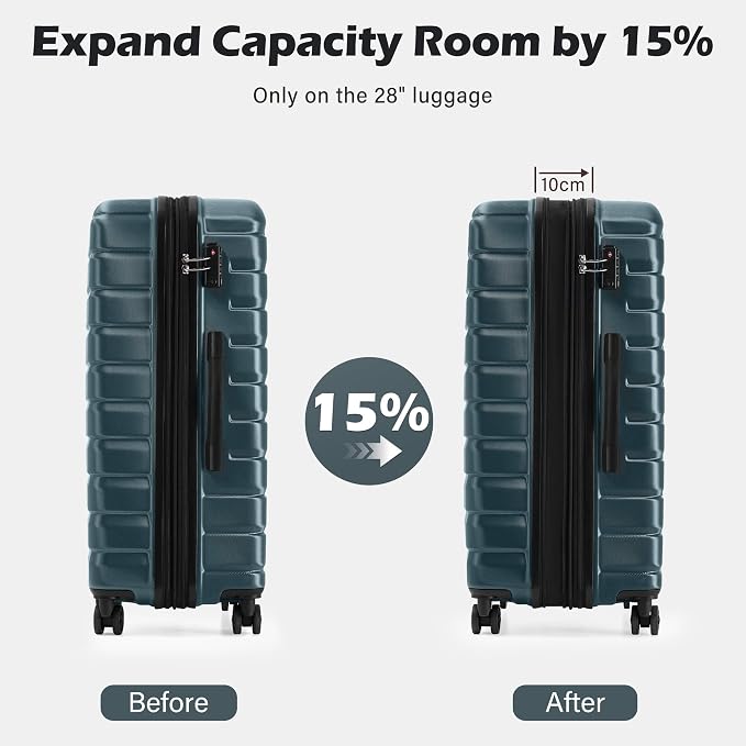 Coolife Expandable Large Checked Luggage with Spinner Wheels, Hard Shell Suitcase TSA Lock Rolling Travel Luggage 28-inch,Teal Blue