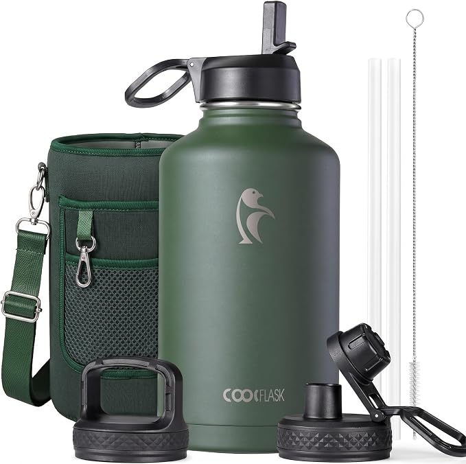 Half Gallon Water Bottle Insulated with Straw & 3 Lids, Coolflask 64 oz Water Jug Large Metal Stainless Steel Wide Mouth for Sports, Gym or Office, Non-BPA Keep Cold 48H Hot 24H, Dark Green