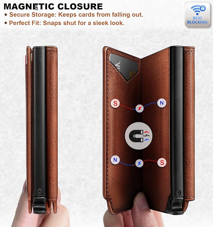 BULLIANT Men Wallet Leather Wallet Card Holders Money Clip for Men 10Cards-Magnetic Flip on Metal Case