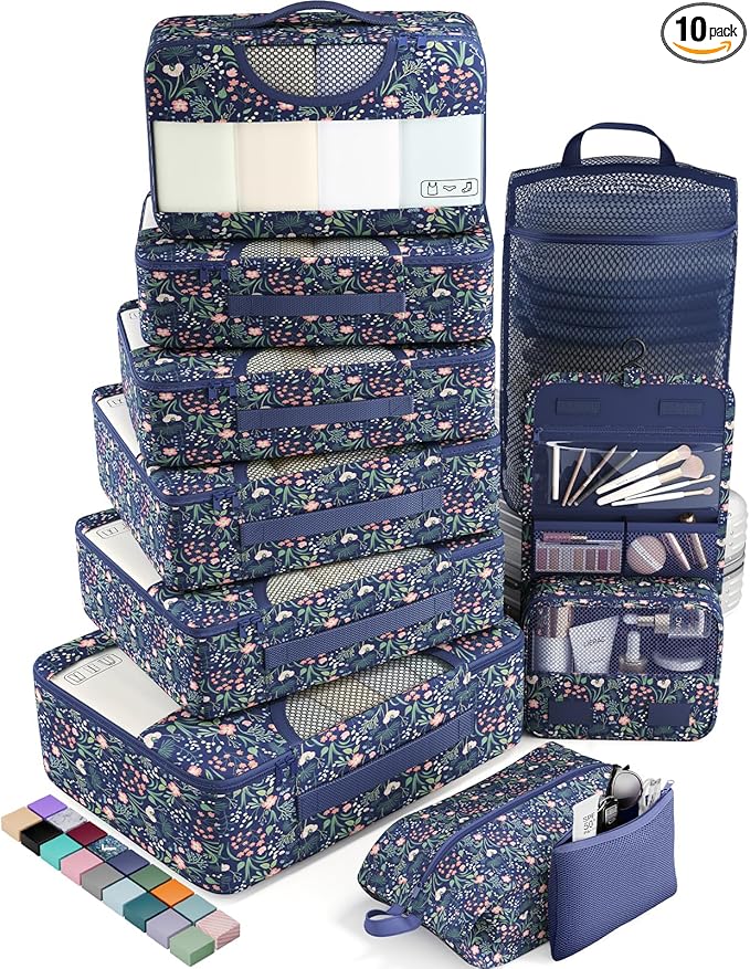 Veken 10 Set Packing Cubes for Travel Essentials, Suitcase Organizer Bags in 4 Sizes, Carry-On Luggage Accessories with Large Laundry Bag & Passport Holder, Must-Have for Airplane, Road Trip & Camping