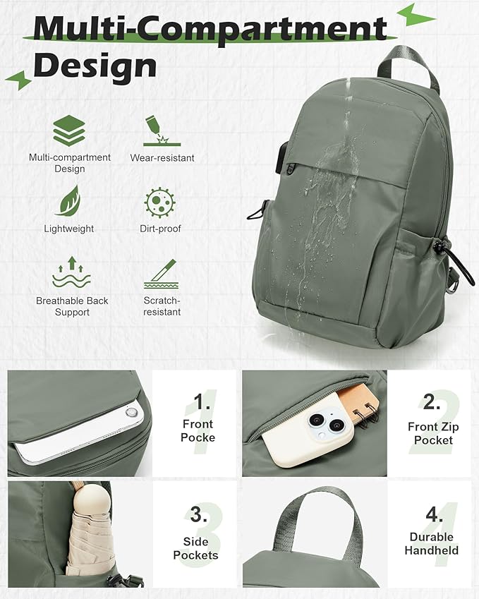 SEAFEW Green Sling Crossbody Backpack Shoulder Bag for Men Women - Small One Strap Sling Bag Fanny Pack Daypack, Waterproof Nylon Chest Bag for Motorcycle Hiking Travel Gym Sport