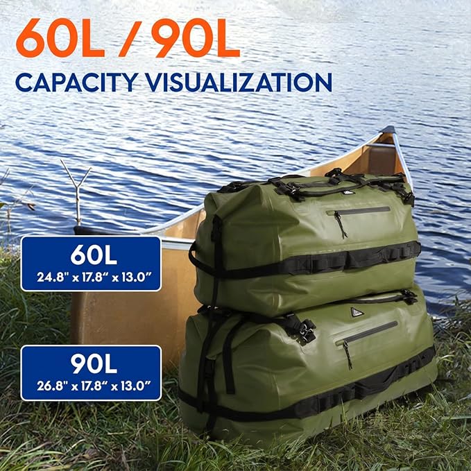Haimont IPX7 Waterproof Roll-Top Dry Duffel Backpack | 60L/90L Sizes, 500D Tarpaulin, Welded Seams, Mesh Pockets, Boating & Kayaking