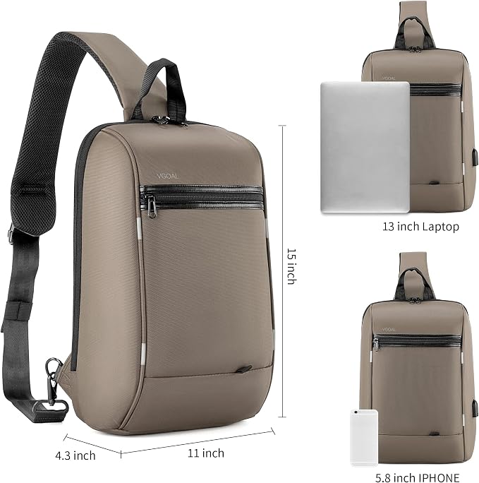 Kingsons 13" Anti-Theft Laptop Sling Backpack. Waterproof nylon, USB port. Ideal for travel, hiking, camping. (FG6301-Khaki)