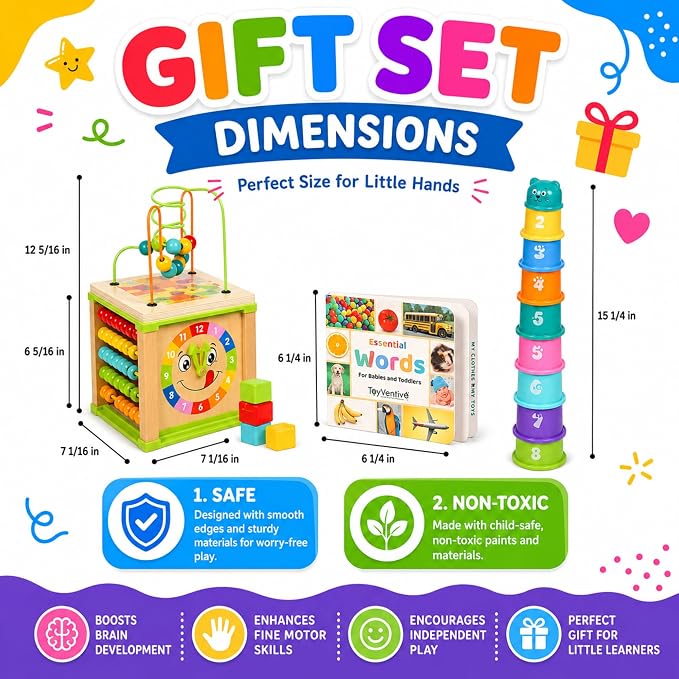 Wooden Activity Cube for Baby, Montessori Toys for 1 Year Old, Baby Toys 1 Year Old, Toys for 1+ Year Old Girl - Wooden Activity Center with Bead Maze Toy, Baby Stacking Cups, Book, in Pink Gift Box