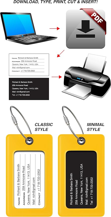 Luggage Tags Business Card Holder by TUFFTAAG - Flexible PVC Travel ID Bag Tag, Yellow, 2 Pack