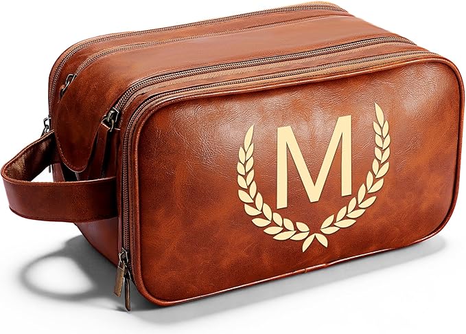 OXYEFEI Personalized Gifts for Men, Personalized Large Toiletry Bag for Men,Custom PU Leather Waterproof Mens Toiletry Travel with Initial Essential Dopp Kit Shaving Bag (M, Light Brown)