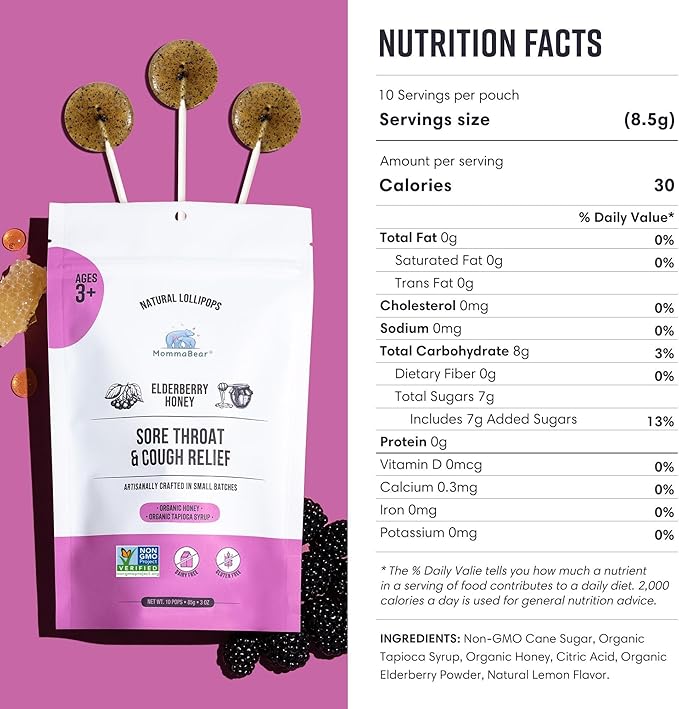 MommaBear Natural Sore Throat Care Lollipops – Elderberry & Honey Kids Cough Lollipops – Organic Sick Essentials Lolli Treats, No Artificial Additives – Tightly Sealed for Freshness (10 Pack)