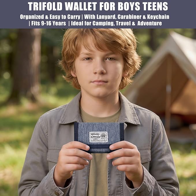 Rough Enough Kids Wallet for Boys with RFID Blocking Denim Canvas Blue | Includes lanyard keychain carabiner. For camping travel and outdoor use. Smooth YKK zippers. Holds cards cash ID. 5x3.4 inch