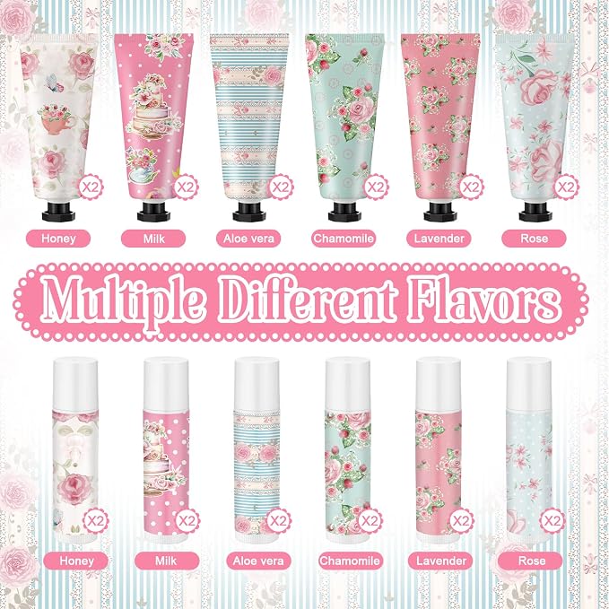 12 Sets Tea Party Favors Mini Hand Cream Lip Balm Bulk Gift Set for Women Wedding Party Favors for Guests Travel Size Hand Lotion Vintage Floral Moisturizing Lip Balm Gifts for Baby Shower