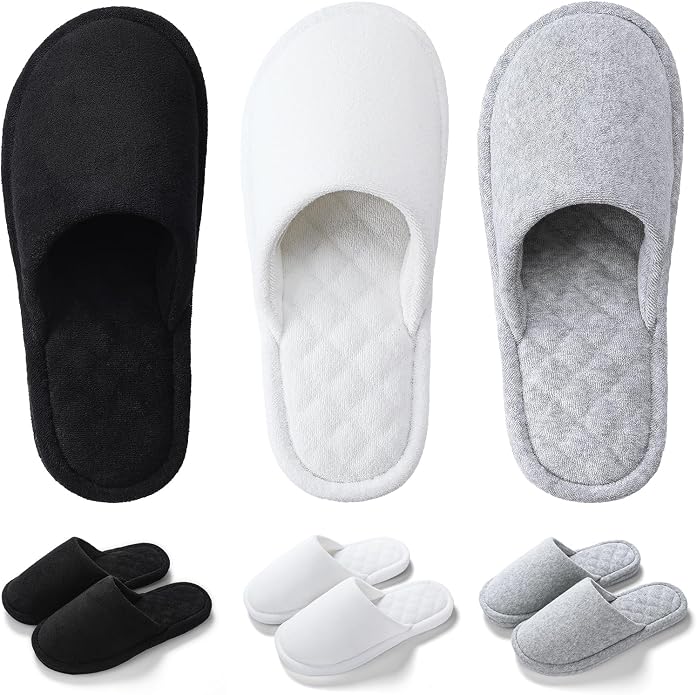 3 Pairs Closed-Toe Cotton Terry House Slippers, Comfortable Washable Indoor Slippers for Women, Portable Foldable for Guest, Travel, Hotel and Spa
