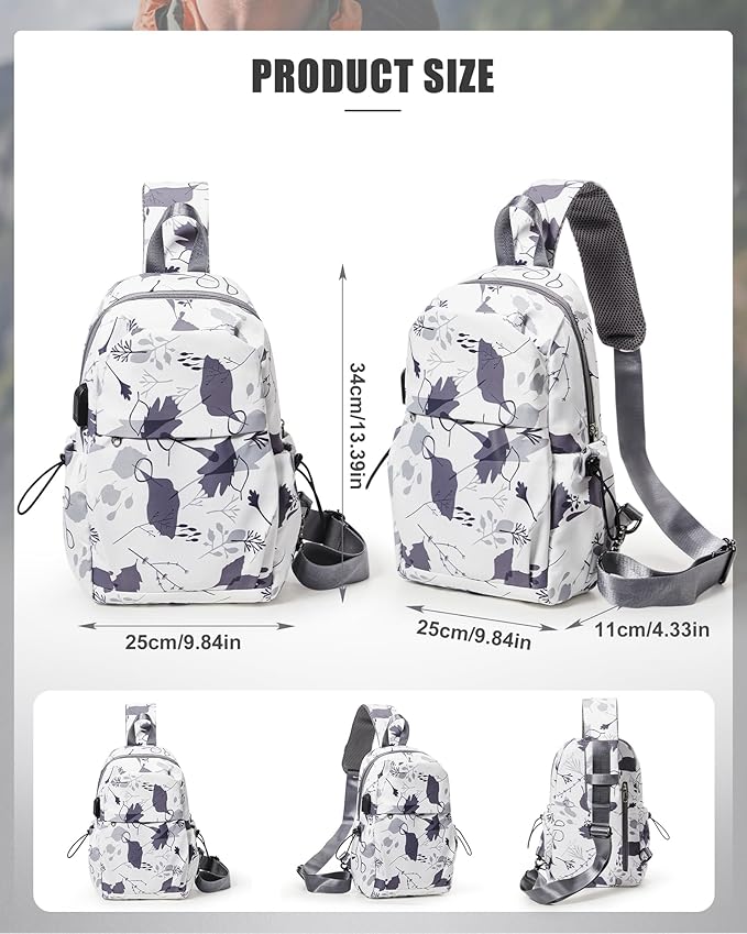 SEAFEW Small Sling Bag Crossbody Backpack Shoulder Bag for Men Women, Daypack Anti-Theft Cross Body Motorcycle Chest Bags, One Strap Tactical Backpack for Walking Biking Travel Cycling, Leaf White