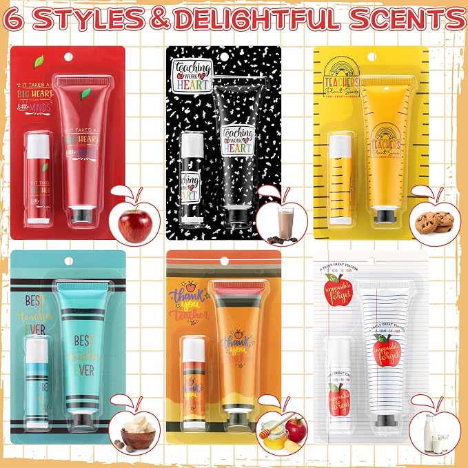 Loopeer 6 Sets Teacher Appreciation Gifts Bulk Hand Cream & Lip Balm Set Thank You Gifts for Teachers Staff Coworkers End of Year Graduation Travel Size Lotion Party Favors