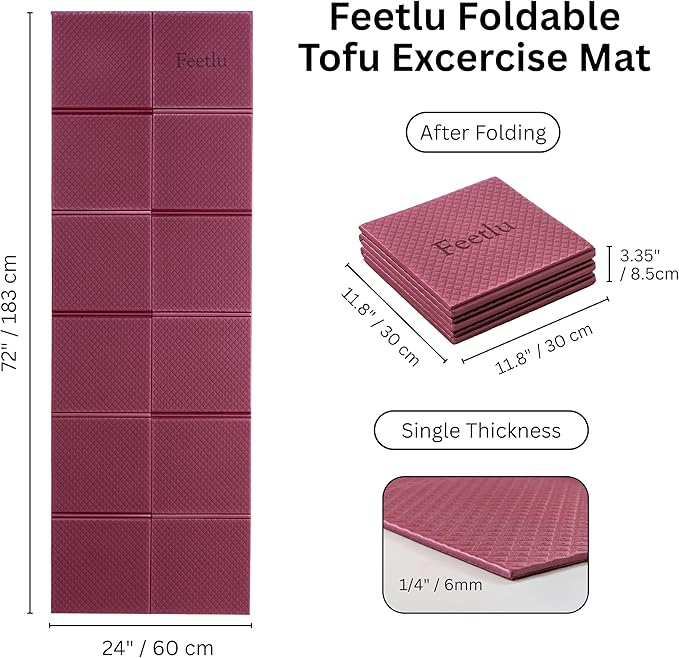 Foldable Yoga Mat, 6mm Thick, 72L x 24W Inch, Lightweight, Anti-Slip, and Easy to Store – Perfect for Travel, Yoga, Pilates, Home Workouts, and Floor Exercises