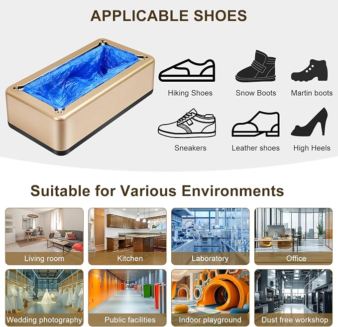 Automatic Shoe Cover Machine with 200 Disposable Shoe Covers Auto Shoe Covers Dispenser for indoors Use Disposable Non-slip Waterproof Shoe Covers for Home, Offices, Factories (Gold)