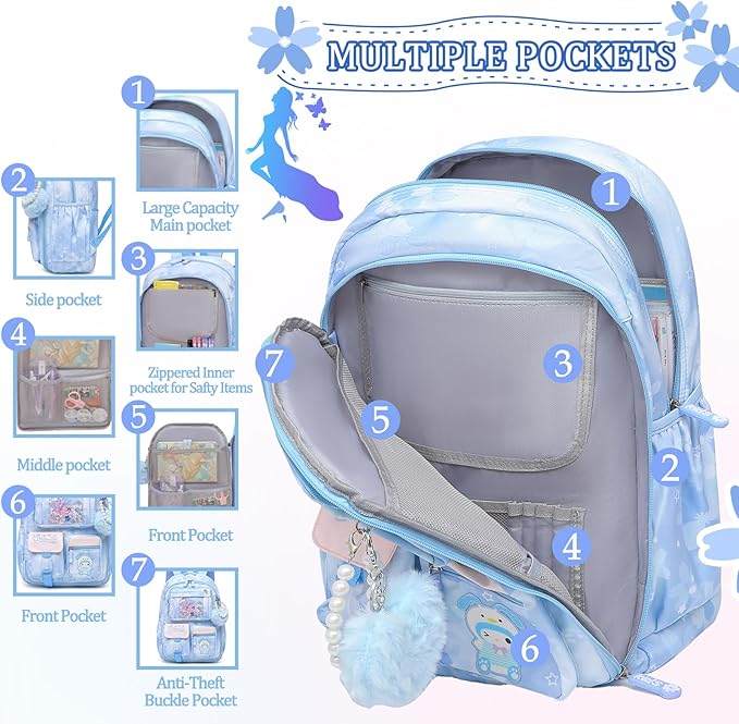 Lovely Girls Backpack School Bag for Students Kids Book Bag with Multiple Pockets Splash-proof Children's Backpack（17inch Set Blue）