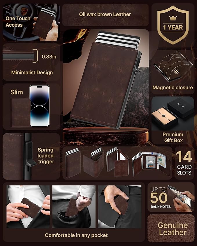 typecase Mens Wallet Card Holder: Pop Up Aluminum Case, Genuine Leather, Smart, RFID Blocking, Slim, Minimalist, Front Pocket - 9-14 Card Capacity | ID Window | Cash Slot (Oil Wax Brown)