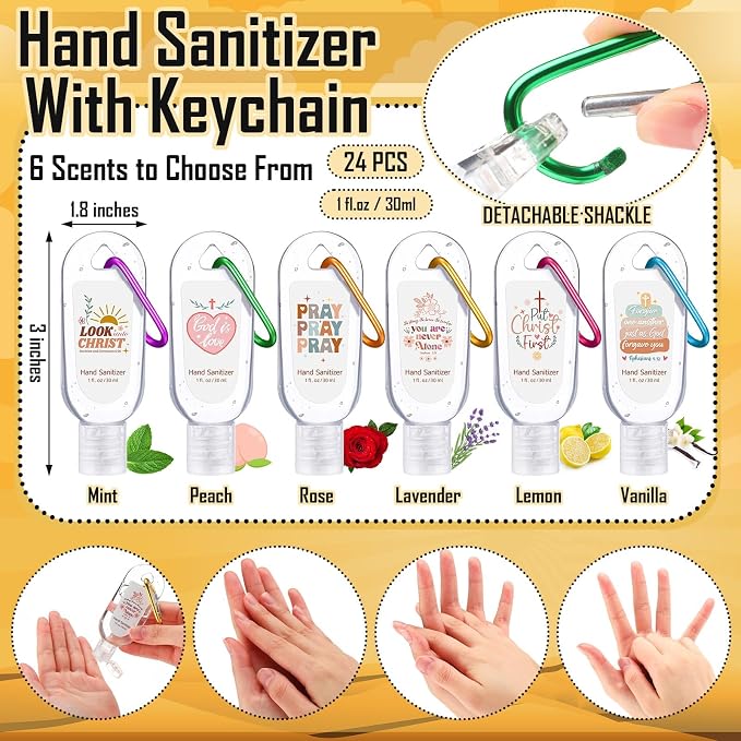 24 Pack Christian Hand Sanitizer Keychains Bible Verse Mini Hand Sanitizer Gel Keychains Bulk Travel Size Gift Religious Church Christian Gift for Christmas Thanksgiving Women Teacher Coworker