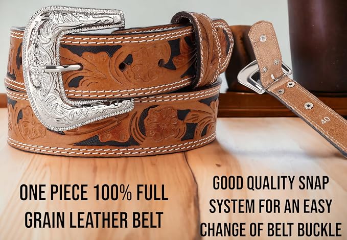 F&L CLASSIC mens Western full grain Leather belt Strap w/Snaps for Interchangeable Buckles, USA,