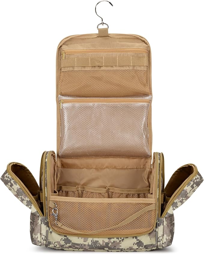 Tactical Toiletry Travel Bag for Men, Hanging Dopp Kit Hygiene Bag Shower Organizer with Hook for Toiletries and Shaving Care, Desert Yellow (Empty Bag)