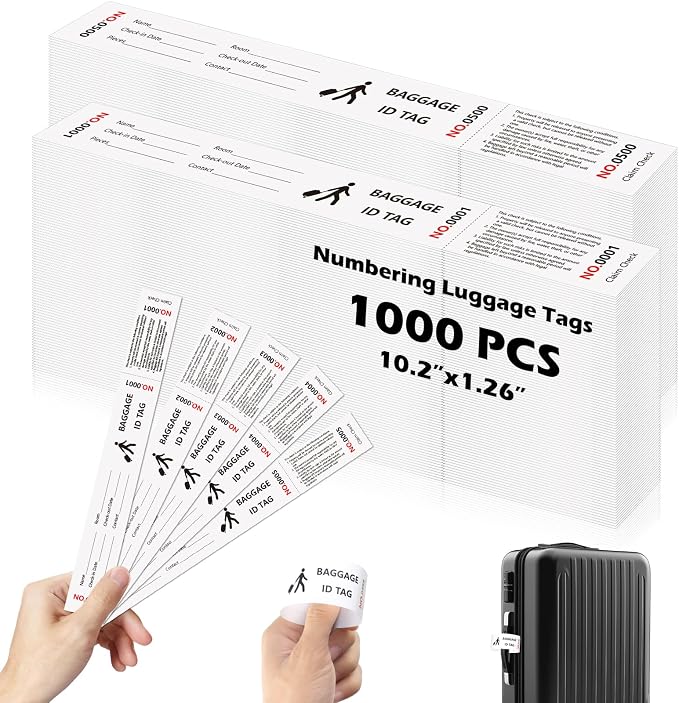 1000 Pcs Paper Hotel Luggage ID Tags with Transfer Tape On Back Luggage Tags Bulk Black Baggage Claim Check Tags Serial Numbering Claim Ticket Baggage Identification for Suitcase Motel Bag Storage