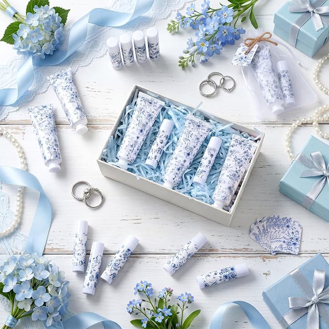 Loopeer 24 Sets Blue Floral Bridal Shower Hand Cream and Lip Balm Gift Bulk Blue Flower Wedding Favors Travel Size Hand Lotion and Lip Balm Wedding Bridal Baby Shower Party Supplies for Guests
