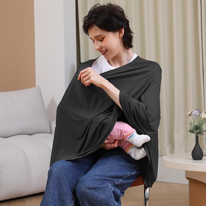 Seejoy Nursing Cover for Breastfeeding, 360°Full Coverage Nursing Poncho, Rayon Soft & Breathable Breastfeeding Cover up (Smooth Rayon, Black)