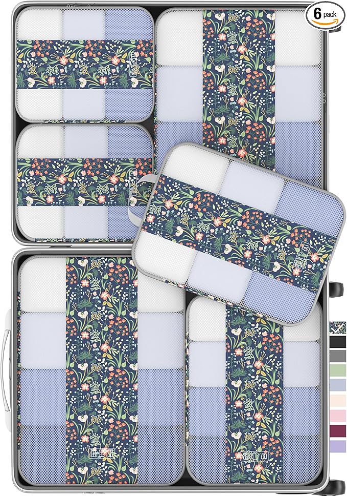 6 Set Compression Packing Cubes for Travel Essentials,Compressible Expandable Packing Cubes for Suitcase,OlarHike Luggage Garment Bags for Travel,Handy Helper for Organizing Clothes(Dark Blue Floral)