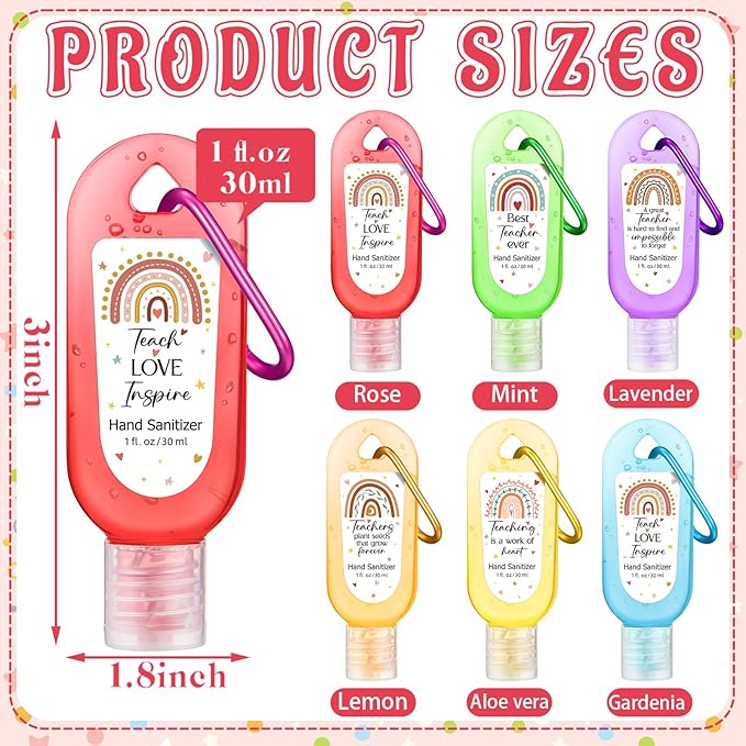 24 Packs Appreciation Teachers Gift Hand Sanitizers with Keychains Back to School Boho Rainbow Mini 1oz Travel Size Hand Sanitizer Gel Bulk Thank You Gift for Teacher Women First Day of School