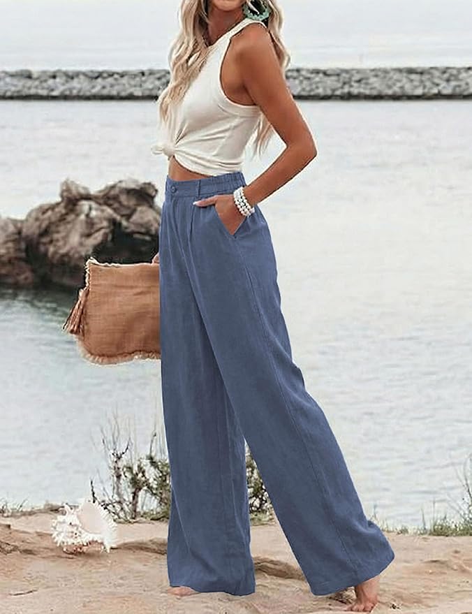 Hooever Womens Cotton Linen Pants Casual Button Up High Waisted Wide Leg Trousers