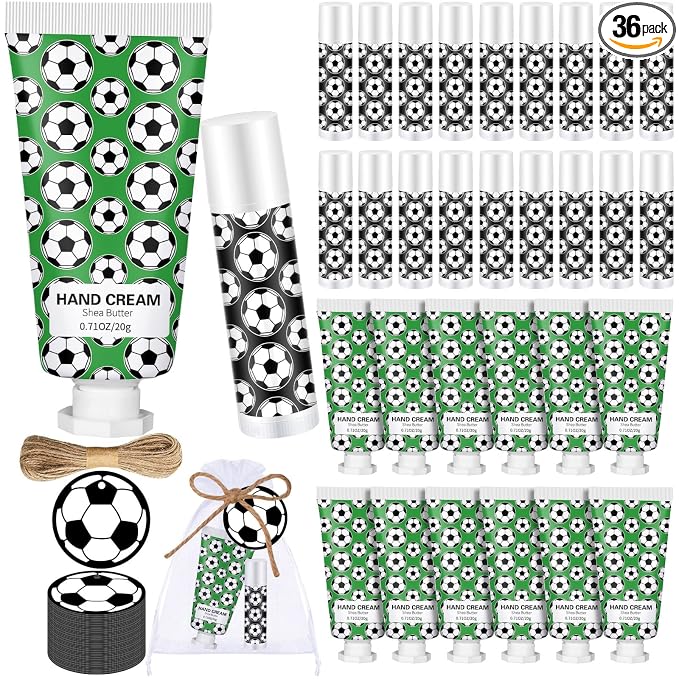 144 Pcs Lip Balm Hand Cream Set Party Favors, Include 36 Lip Balm 36 Moisturizing Hand Cream 36 Bags 36 Cards and Ropes for Accessories Gifts(Black and Green,Soccer)