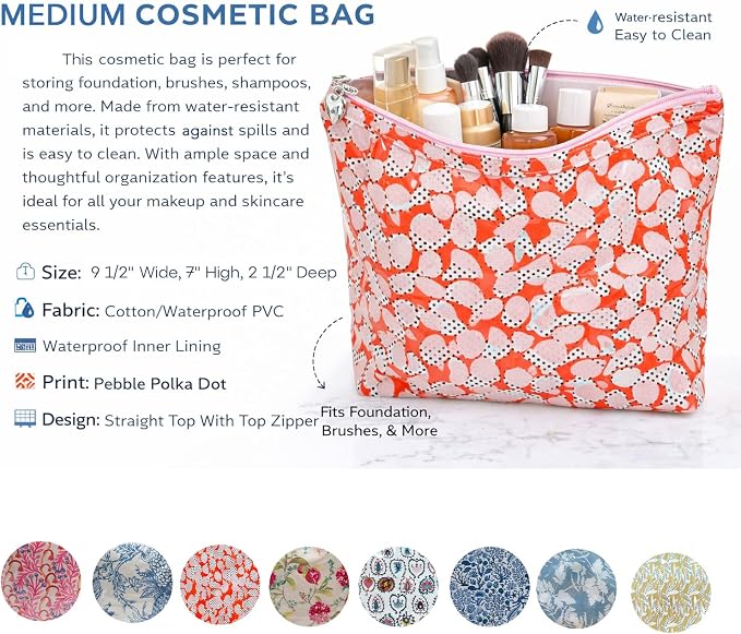 Jacaranda Living Medium Cosmetic Bag – Waterproof PVC-Lined Makeup & Toiletry Bag, Zipper Organizer for Skincare, Cosmetics & Travel Essentials, Summer Splash-Proof Bag, Pebble Polka Dot