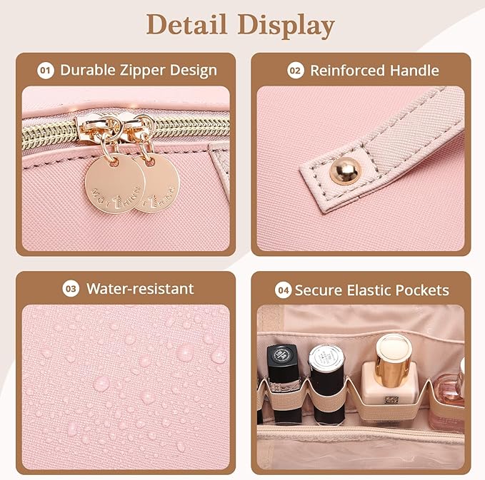 Travel Makeup Bag for Women: 3-in-1 Large Capacity Cosmetics Organizer with 2 Detachable Pouch - Vegan Leather Flat Open Toiletry Bag - Portable Travel Essentials for Full-Sized Bottles(Pink)