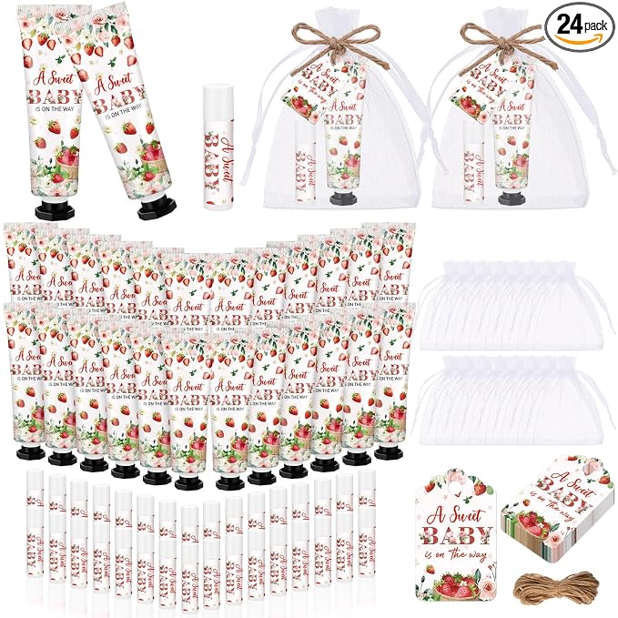 24 Sets Strawberry Baby Shower Hand Cream and Lip Balm Gift Sets Sweet Baby Is on the Way Party Favors for Guest Travel Size Hand Lotion and Lip Balm Bulk Strawberry Shower Party Favor Supplies