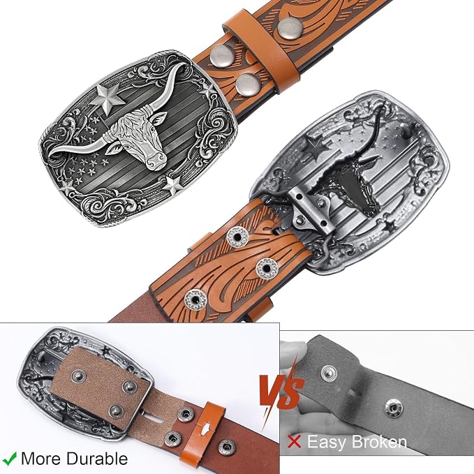 SANSTHS Western Cowboy Belts for Men Women, Mens Western Belt Bull Buckle Country Belt Cowboy Leather Belt for Jeans