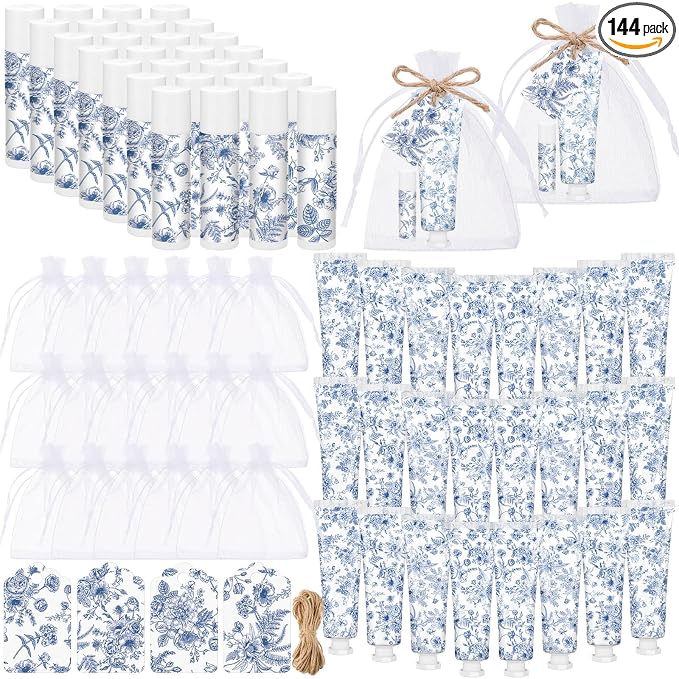 Loopeer 36 Sets Blue Floral Bridal Shower Hand Cream and Lip Balm Gift Bulk Blue Flower Wedding Favors Travel Size Hand Lotion and Lip Balm Wedding Bridal Baby Shower Party Supplies for Guests
