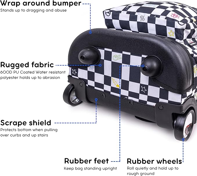 J World Sunrise Kids Rolling Backpack for Boys Girls. Roller Bookbag With Wheels For School, Icon Checkers