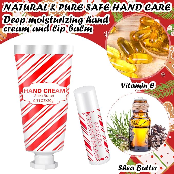 144 Pcs Lip Balm Hand Cream Set Party Favors, Include 36 Lip Balm 36 Moisturizing Hand Cream 36 Bags 36 Cards and Ropes for Accessories Gifts(Red,Christmas)