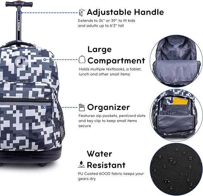 J World Sunrise Kids Rolling Backpack for Girls Boys. Roller Bookbag With Wheels For School, Camo
