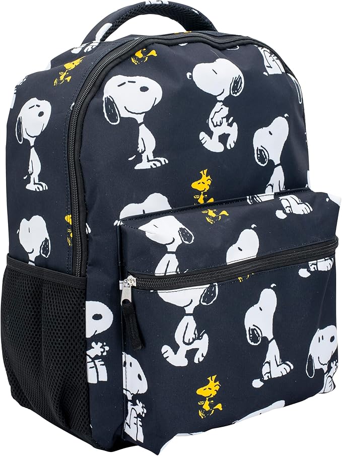 AI ACCESSORY INNOVATIONS Peanuts 16” Backpack With Front Pocket for Girls & Boys, Allover Print Bookbag Featuring Snoopy & Woodstock, Black
