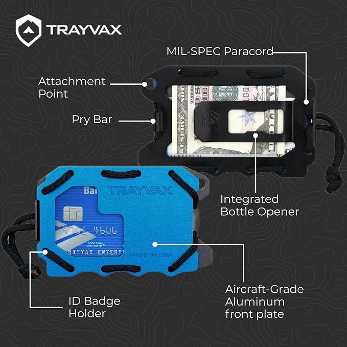 Trayvax Original 2.0 Wallet, RFID Front Pocket Tactical Metal Credit Card Holder with Money Clip, Slim Minimalist Wallet for Men and Women, Blue