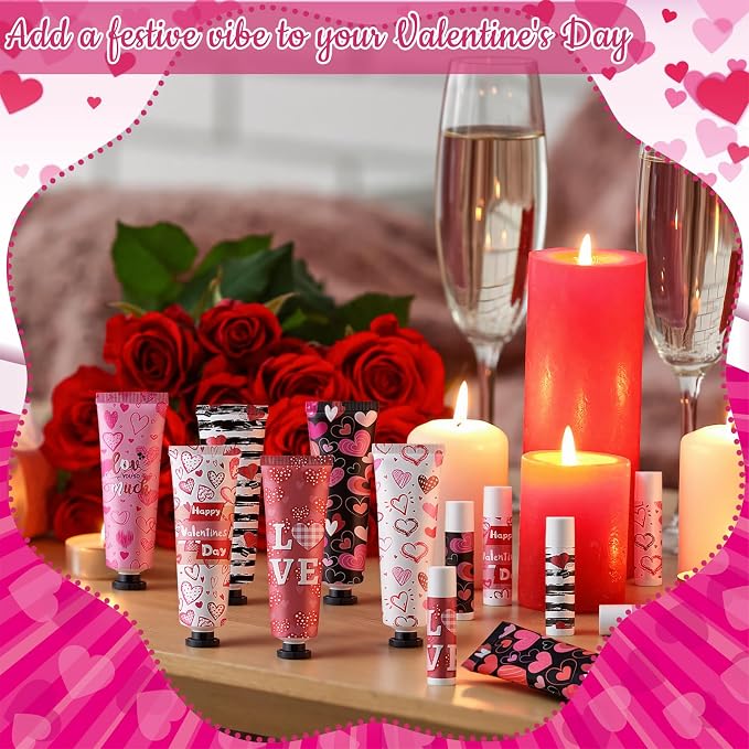 Loopeer 6 Sets Valentine's Day Hand Cream Lip Balm Bulk Gifts Galentine's Day Gift Valentine Party Favor Love Heart Mini Travel Size Moisturizing Hand Lotion for Women Coworker Teacher Nurse, 30 ml