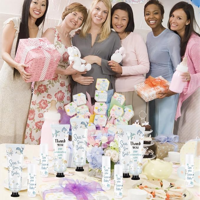 Loopeer 50 Set / 200 Pcs Sea You Soon Baby Shower Favor Bulk Hand Cream Lip Balm Gifts for Guests with Thank Cards Organza Bag Thank You for Celebrating with Us Ocean Animal
