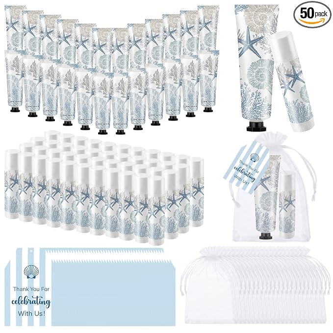 Loopeer 50 Set / 200 Pcs Coastal Baby Shower Favor Bulk Hand Cream Party Favors Beach Ocean Seashell Themed Hand Cream Lip Balm with Thank You Cards Organza Bags Appreciation Gifts for Summer Supplies